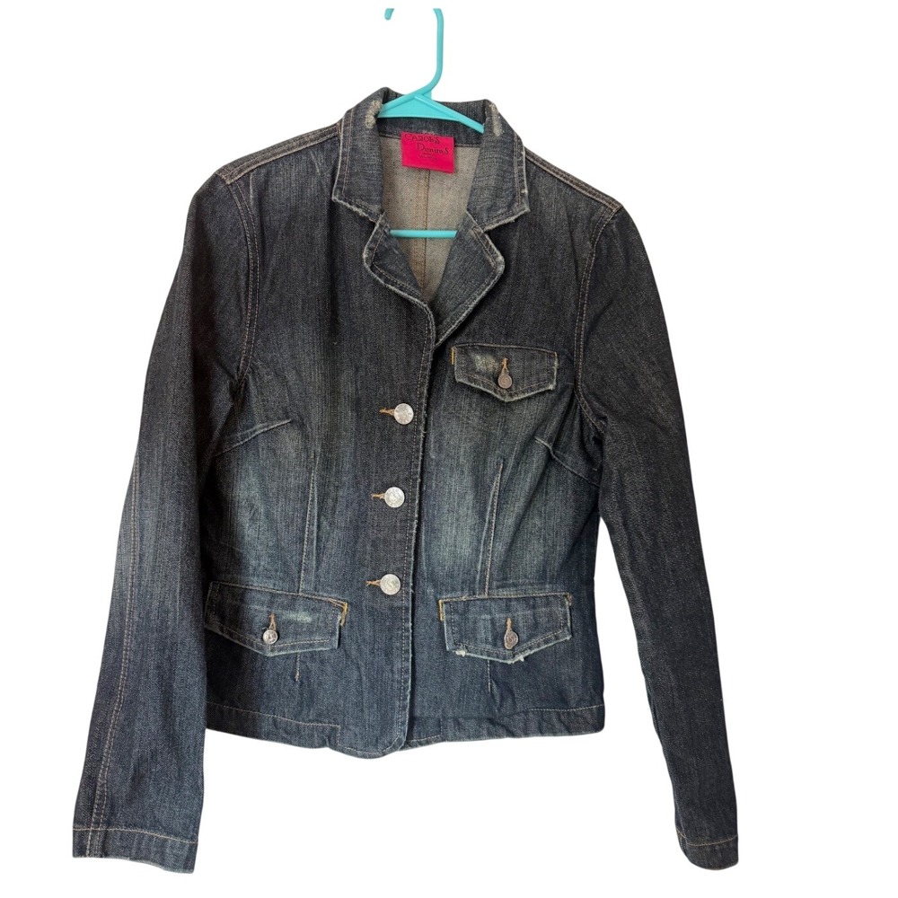 Carols Denims Womens Dark Wash Cotton Denim Blazer Jacket Distressed Indigo M
